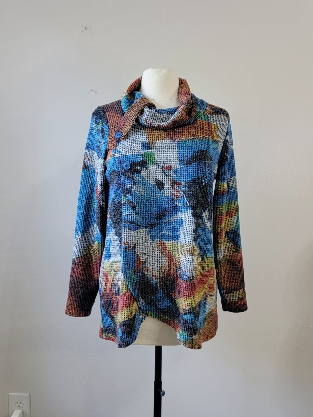 Pure Essence Blouse Womens M Colorful Art to Wear Cowl Neck Tunic Top Stretch